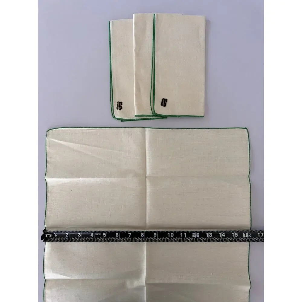 Vintage Bucilla Linen Dinner Napkins Set 4 Green Edging Trim Mid Century Table